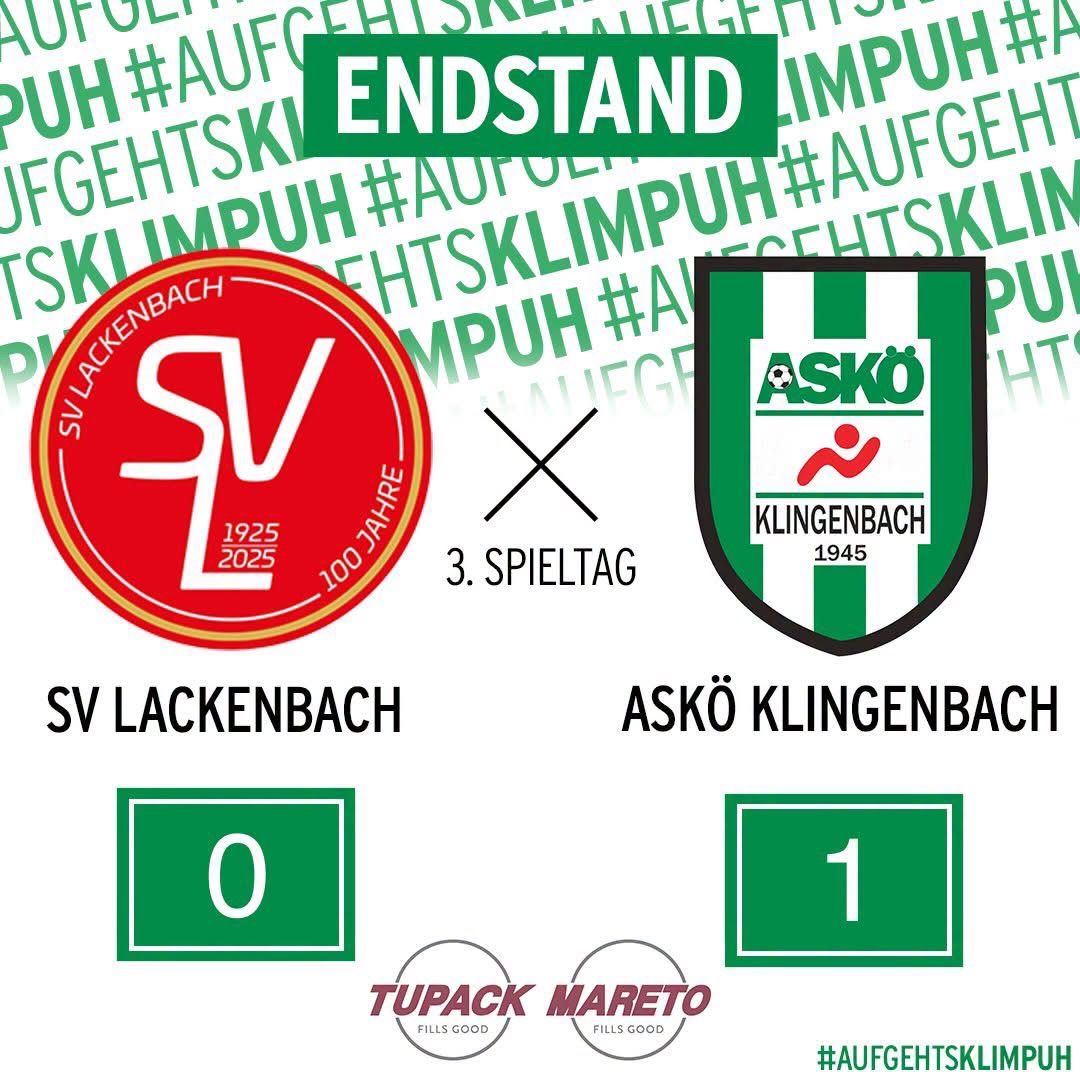 Das Endergebnis des Fußballspiels zwischen SV Lackenbach und ASKO Klingenbach wird angezeigt. SV Lackenbach erzielte 0 und ASKO Klingenbach erzielte 1. Das Spiel ist das 3. Spiel der Saison.