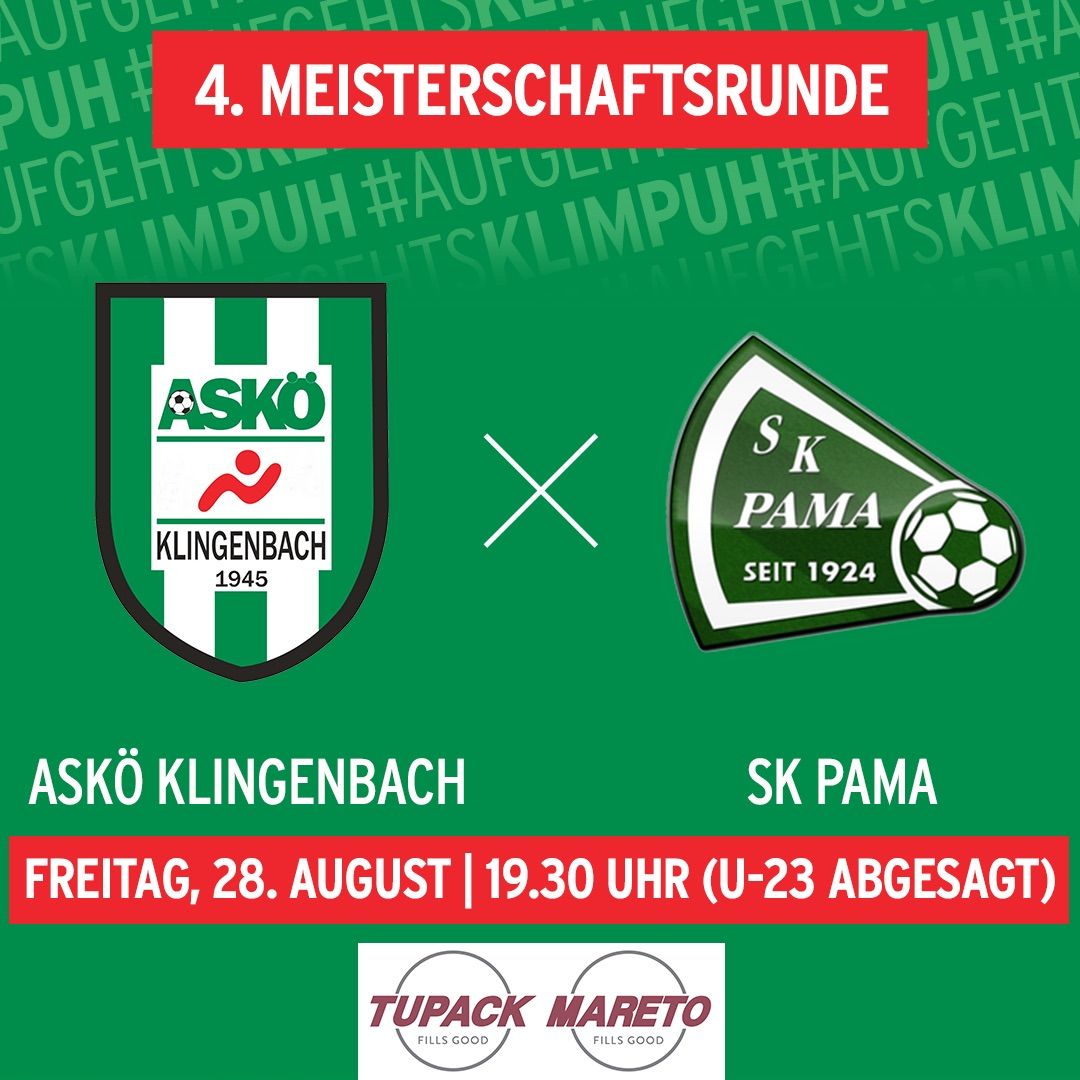 Ein Plakat für ein Fußballspiel zwischen Asko Klingenbach und SK Pama am 28. August um 19:30. Die Logos beider Teams sind mit ihren Gründungsjahren abgebildet.