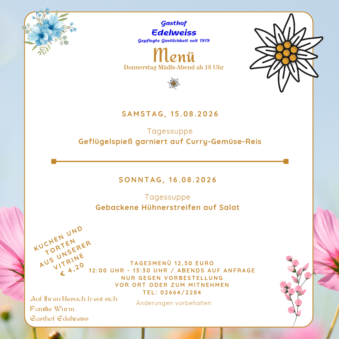 Ein Restaurantmenü für Samstag, den 15. August 2026, mit einem Curry-Gemüse-Reis-Gericht. Das Menü ist vor einem Blumenhintergrund mit blauen und rosa Blumen angeordnet.