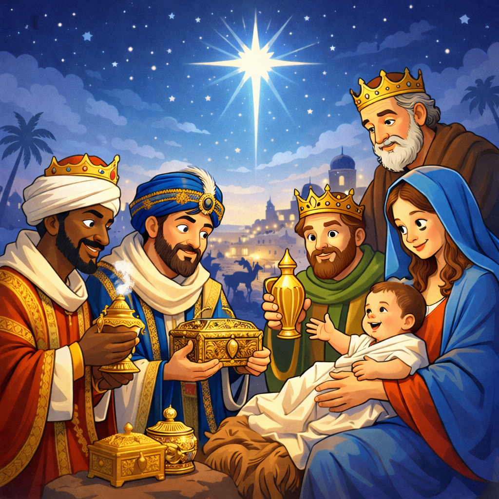 Illustration der Weihnachtsszene mit dem Baby Jesus, Maria, Josef und drei Weisen, die Geschenke unter einem Stern präsentieren.