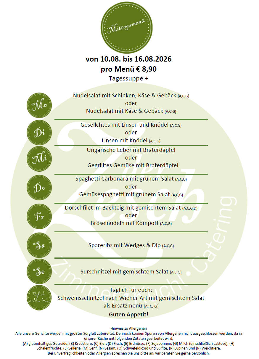 Menu for the period from August 10 to August 16, 2026. Offers include pasta, salads, and meat dishes. Each dish has vegetarian and non-vegetarian options. The menu is priced at 8.90 euros per meal.