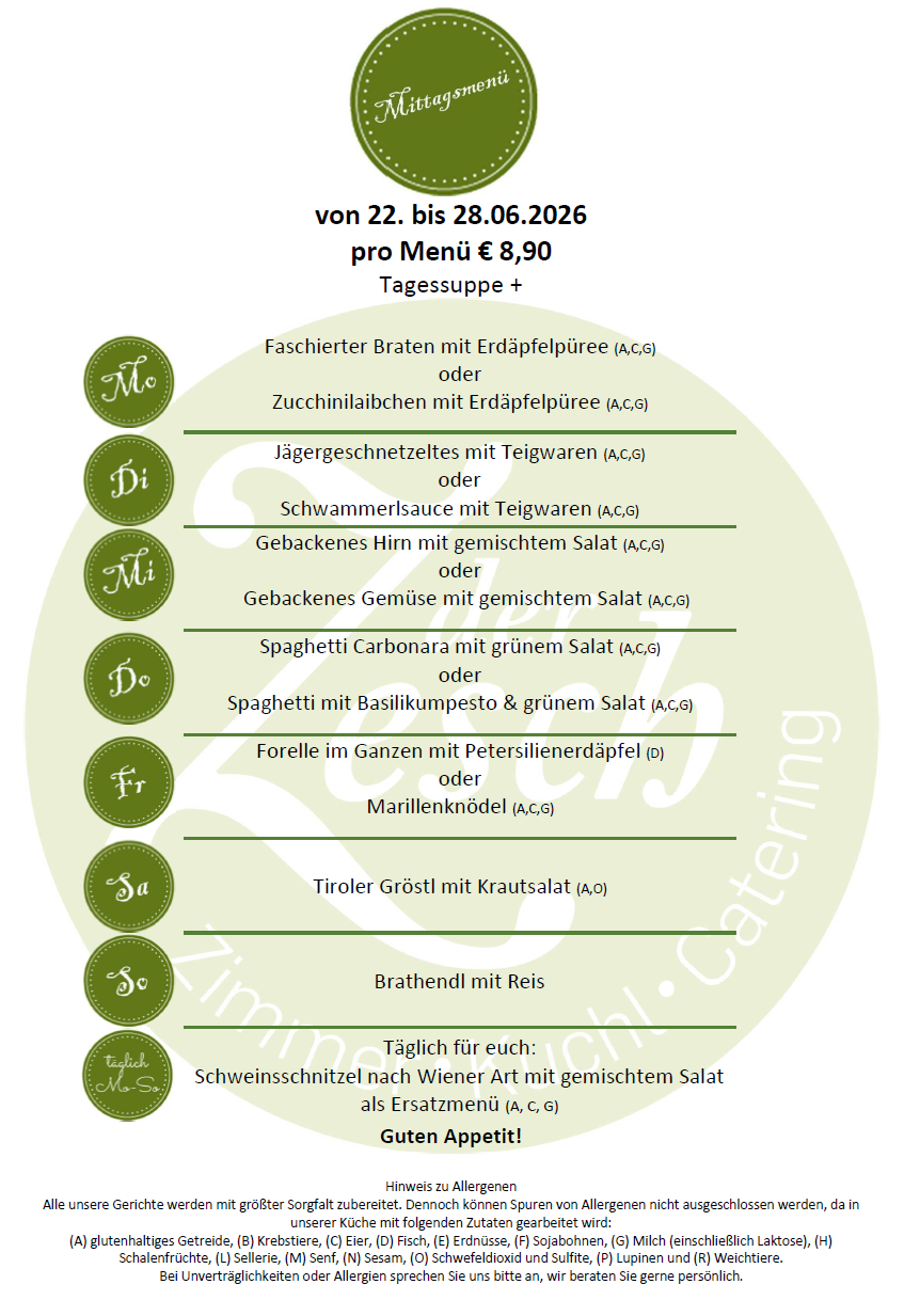 Menüoptionen vom 22.06. bis 28.06.2026. Preis pro Mahlzeit 8,90 €. Tägliche Suppe inklusive. Auswahl umfasst gefüllte Bratwurst, Zucchini, gebackenes Hühnchen und mehr.