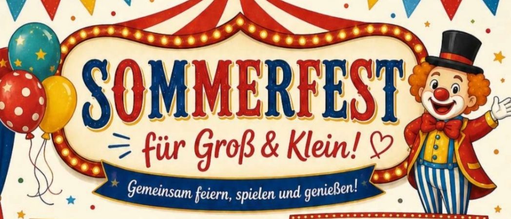 Sommerfest für Groß und Klein! Gemeinsam feiern, spielen und genießen! Kinder zeigen stolz, was sie vorbereitet haben - lasst euch überraschen! Eltern dürfen mit den Kindern die Stationen machen. Bitte an wettergerechte Kleidung denken. Bringt gerne Salat-, Kuchen- oder Obstspenden mit! Für den Kino-Nachmittag bitte eine Decke oder ein Kissen mitbringen.