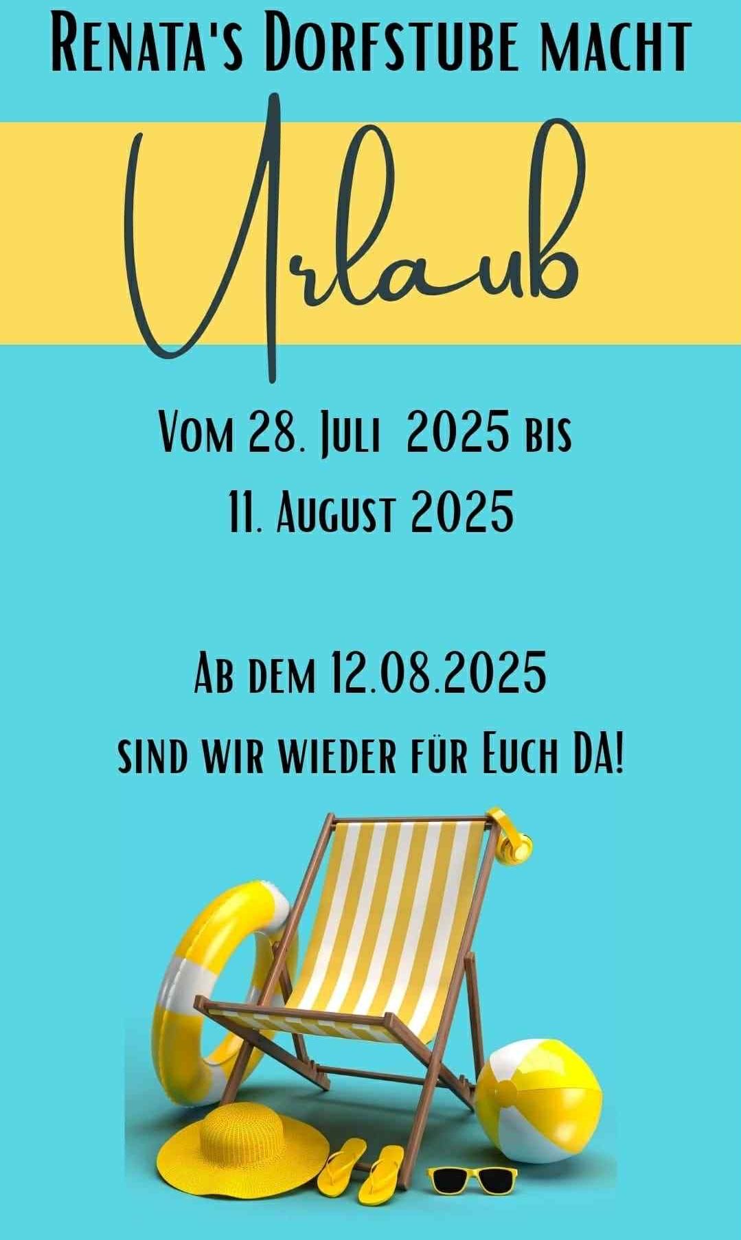 Werbeanzeige für MirauB, geöffnet vom 28. Juli 2025 bis 11. August 2025. Ab dem 12.08.2025 sind sie wieder für Sie da. Eine Liege und ein Rettungsring sind abgebildet.