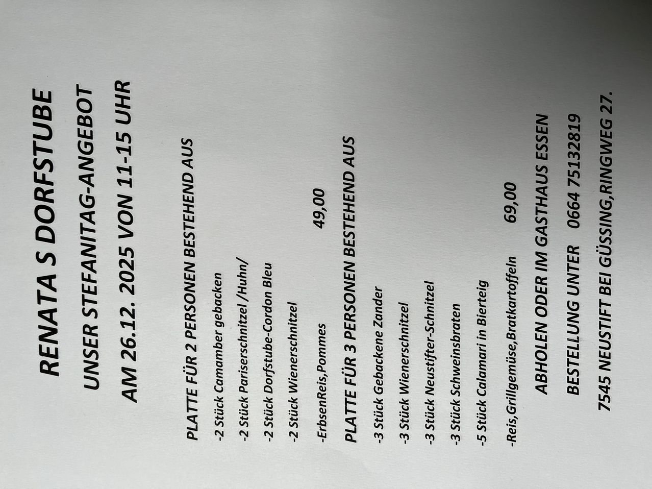 Ein Dokument zeigt Preislisten für verschiedene Artikel, einschließlich 'Platte für 2 Personen' und 'Platte für 3 Personen', aufgeführt mit unterschiedlichen Preisen. Die Preise reichen von 49,00 bis 69,00 Euro.