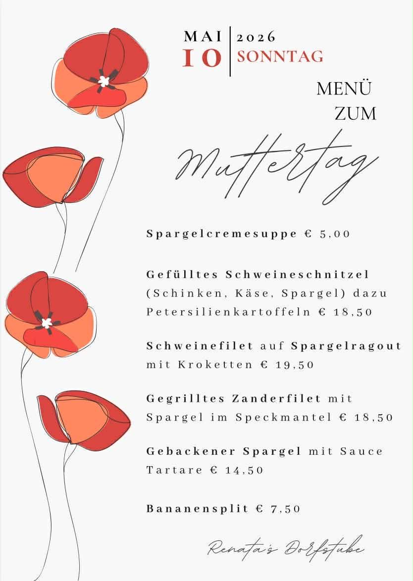 A Mother's Day menu with asparagus cream soup at €5.00. Filled pork chop with ham, cheese, and asparagus with parsley potatoes at €18.50. Pork filet on asparagus ragout with croquettes at €19.50. Grilled tenderloin with asparagus in bacon at €18.50. Baked asparagus with Tartar sauce at €14.50.