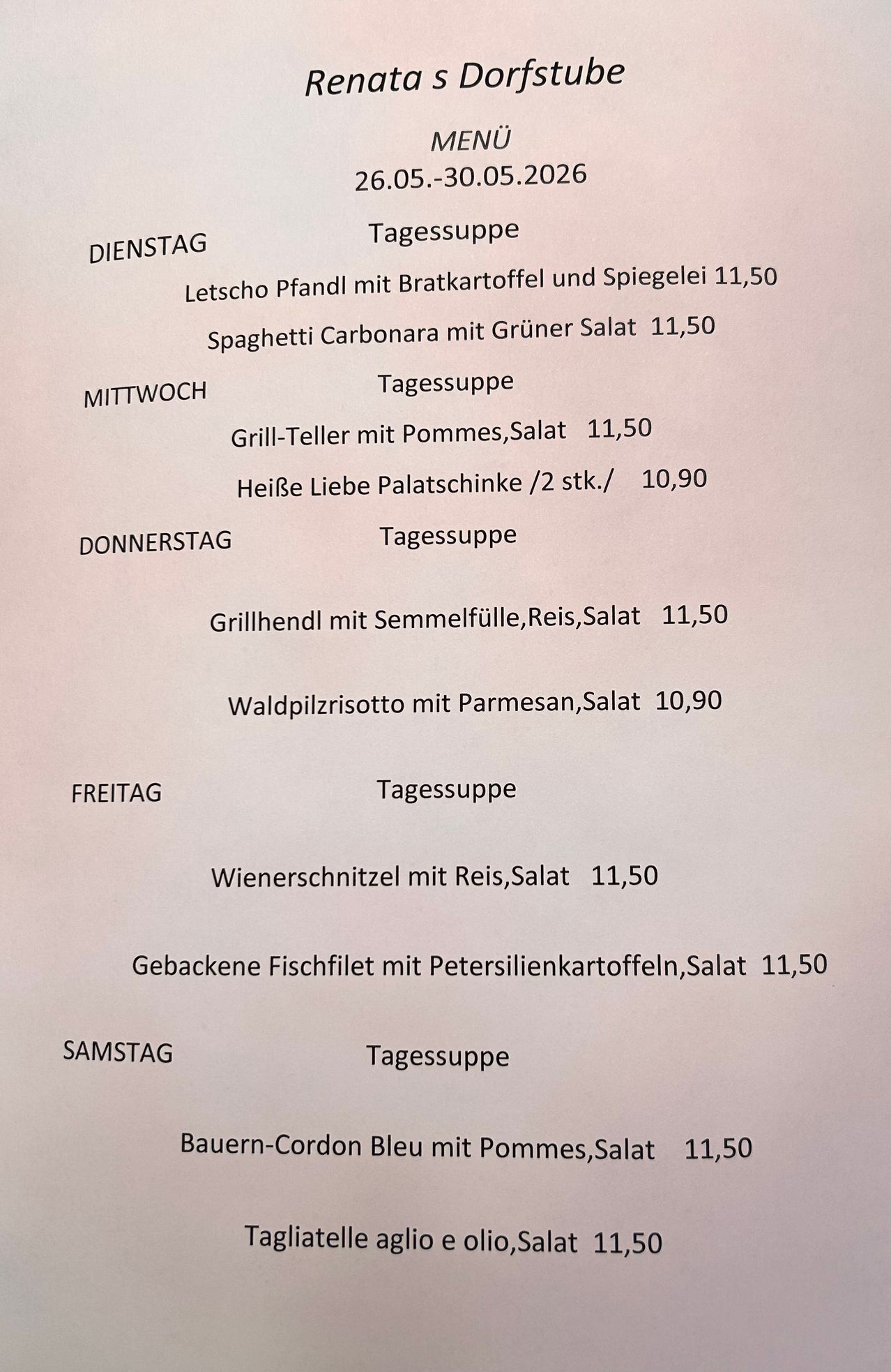 Menü für die Woche: Montag - gebratene Kartoffel und Sauerkraut, Spaghetti Carbonara mit grünem Salat. Dienstag - Suppe, gegrillter Fisch mit Salat, Hot Dog. Mittwoch - Suppe, gegrilltes Huhn mit Mandeln, Reis, Salat. Donnerstag - Suppe, gegrilltes Huhn mit Reis, Salat. Freitag - Suppe, gegrillter Fisch mit Petersilienkartoffeln, Salat. Samstag - Suppe.