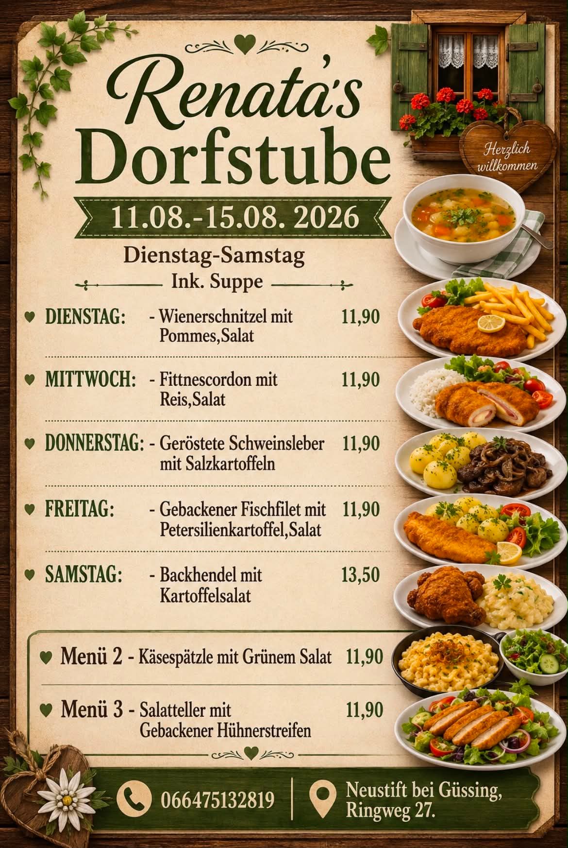 Weekly menu for Dorfstübchen from August 11 to August 15, 2026, featuring daily dishes with prices. Dishes include Wienerschnitzel, Fitnescordon, and more.