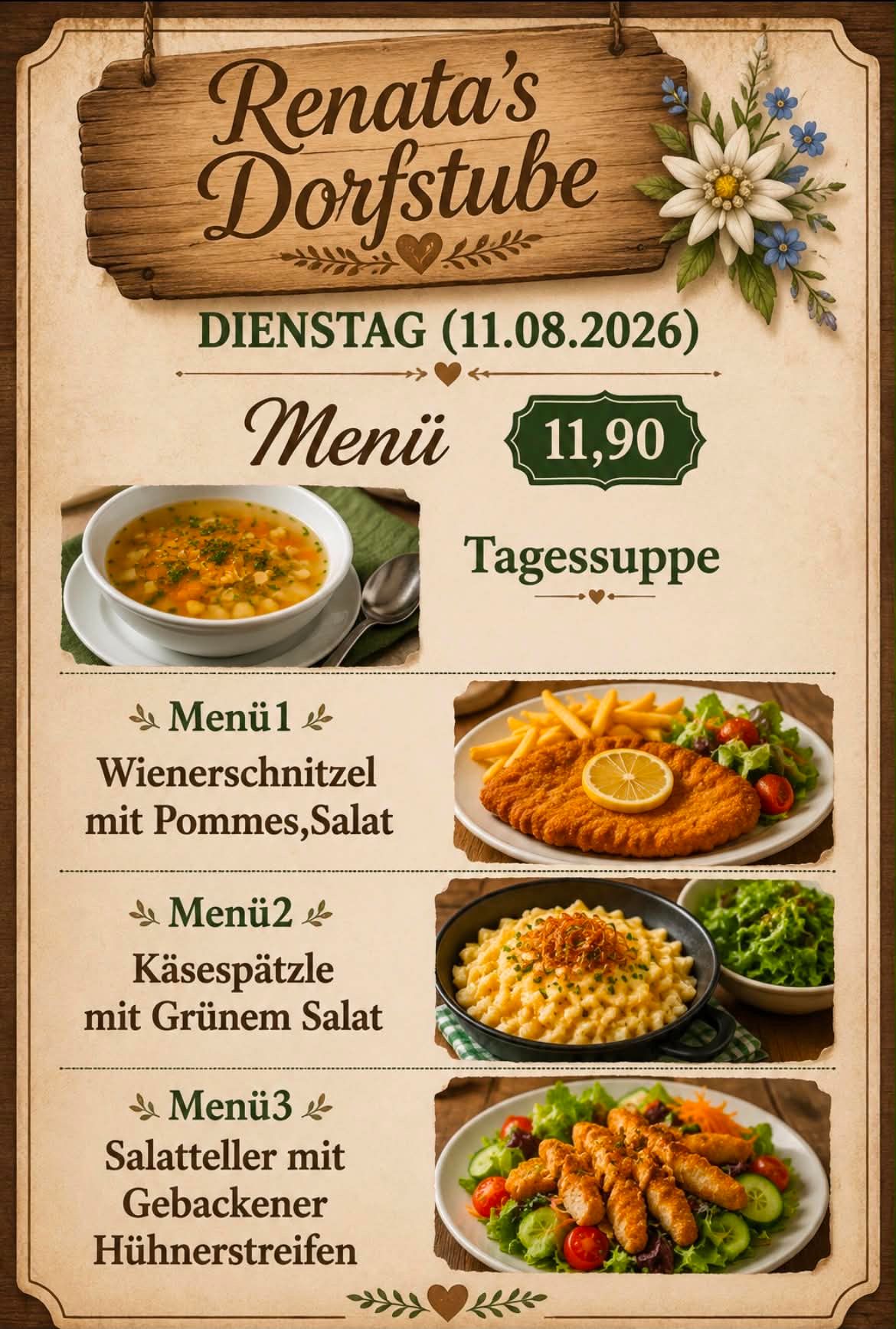 Menu for Tuesday, August 11, 2026, featuring soup, Wienerschnitzel with potatoes and salad, and cheese spaetzle with green salad.