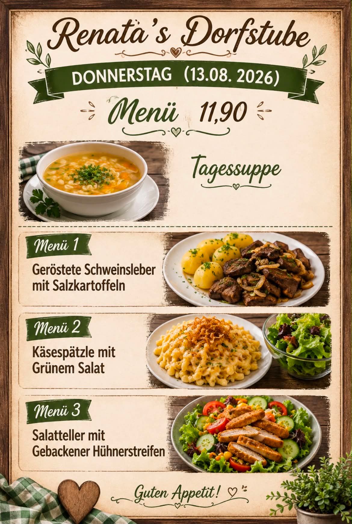 A menu board featuring three meal options: Menu 1 with a bowl of soup, Menu 2 with a plate of pasta, and Menu 3 with a salad. Each dish is accompanied by a brief description and a price of 11.90.