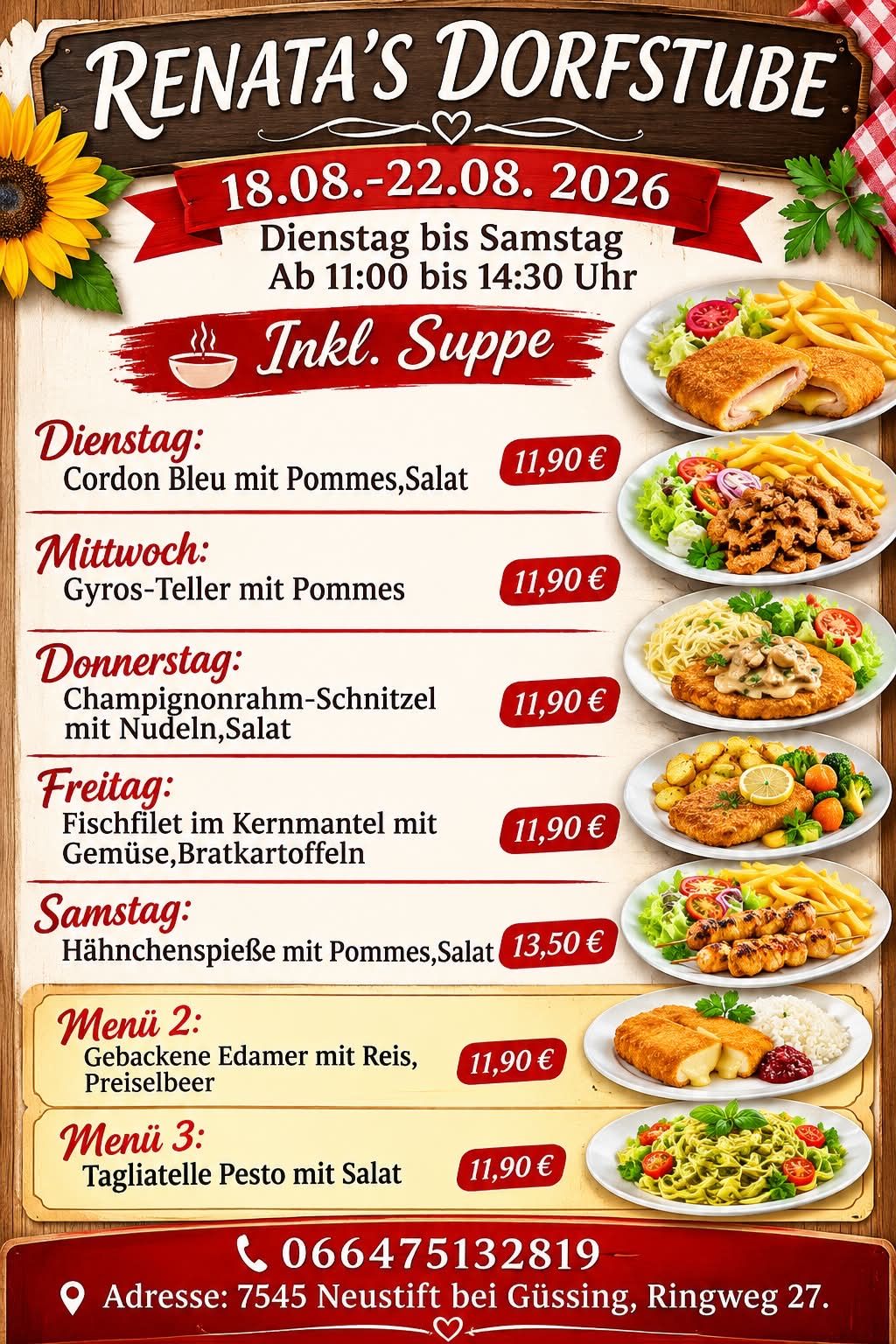 A menu poster advertising daily specials from Tuesday to Saturday, including dishes like Cordon Bleu, Gyros-Teller, and Champignonrahm-Schnitzel, all served with sides and priced at 11.90 euros.