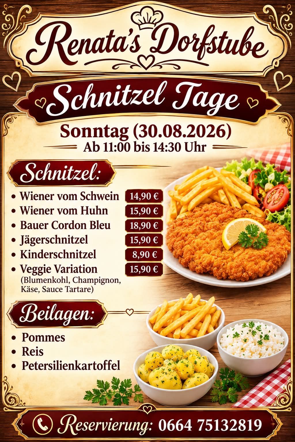 Plakat, das Schnitzeltage am Sonntag, 30. August 2026, von 11:00 bis 14:30 Uhr ankündigt. Verschiedene Arten von Schnitzeln und Beilagen sind mit Preisen aufgeführt.