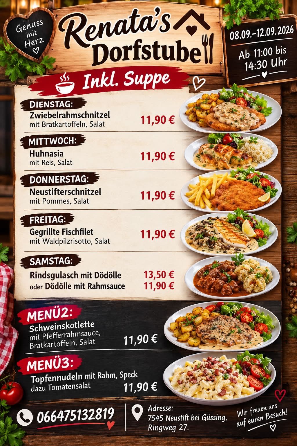 Weekly menu with various dishes and prices listed on a wooden background. Each day has a different meal option with a price of 11.90 euros, except for Saturday which has two options at 13.50 and 11.90 euros.