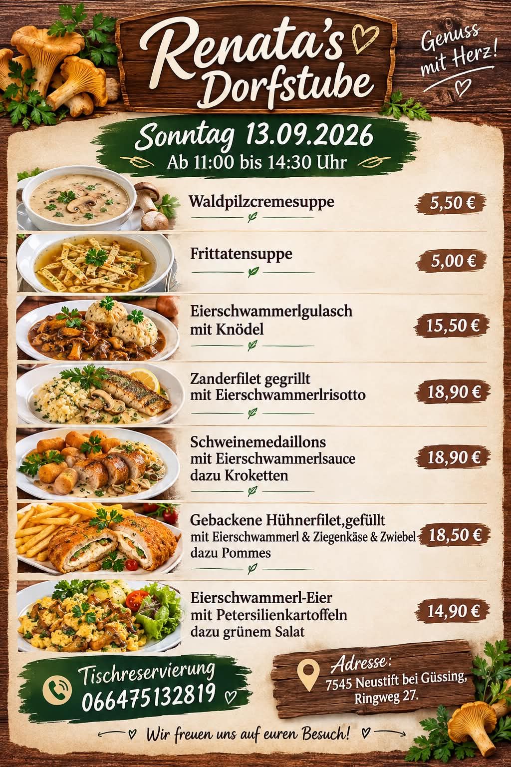 Menu for Sunday, September 13, 2026, featuring various dishes like mushroom cream soup, fried noodle soup, and more. Prices range from 5.50 to 18.90 euros.