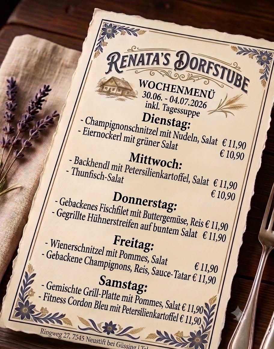 Wöchenmenü von Renatas Dorfstube. Datum: 30.06. - 04.07.2026. Inklusive Tagessuppe. Dienstag: Champignonschnizel mit Nudeln, Salat € 11,90, € 10,90. Mittwoch: Thunfisch-Salat mit Petersilienkartoffeln, Salat € 11,90, € 10,90. Donnerstag: Gegrillte Hühnerstreifen mit Buttergemüse, Reis € 11,90. Freitag: Gebackene Champignons, Reis, Sauce-Tater € 11,90. Samstag: Gemischte Grill-Platte mit Kartoffeln, Salat € 11,90.
