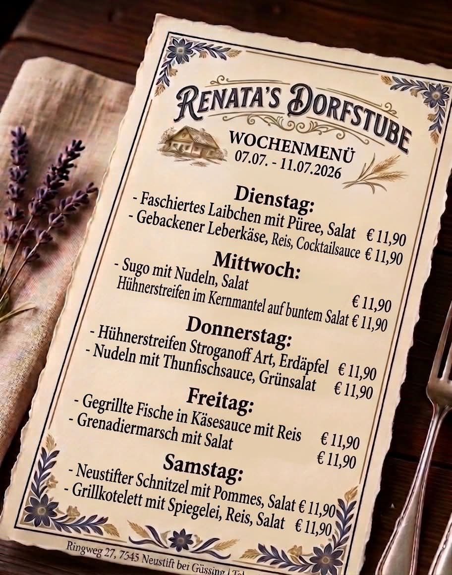 Wöchenmenü vom 07.07. - 11.07.2026. Dienstag: Gefüllte Forelle mit Püree, Salat, Reis, Cocktailsauce für €11,90. Mittwoch: Hühnerstreifen mit Nudeln, Salat für €11,90. Donnerstag: Hühnerstreifen mit Thunfischsauce, Art, Linsen, Grüner Salat für €11,90. Freitag: Gegrillter Fisch in Käsesauce mit Reis, Salat für €11,90. Samstag: Neukartoffeln Schnitzel mit Pommes, Salat, Reis für €11,90.