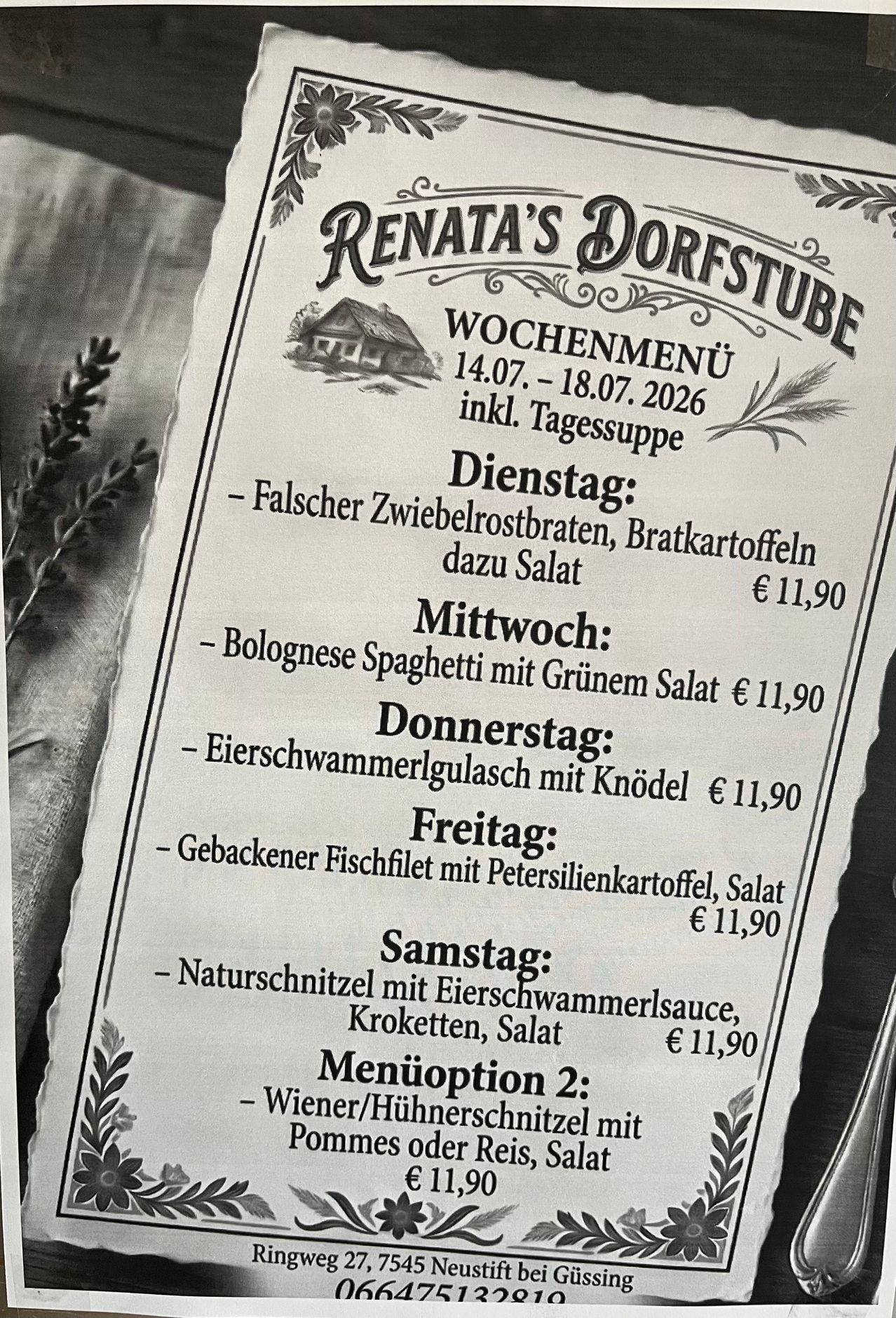 Ein Schwarz-Weiß-Menü von Renatas Dorfstube für die Woche vom 14. Juli bis 18. Juli 2026. Es listet tägliche Mahlzeiten mit Preisen auf.