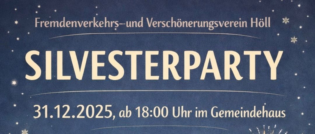 Eine Silvesterparty-Einladung ist für den 31.12.2025 um 18:00 im Gemeindehaus geplant. Die Veranstaltung wird von Gulasch & Maroni ausgerichtet. RSVP bis 22.12.2025. RSVP bei Sonja Poller unter der Nummer (0680/3253171). Champagnerflöten und Feuerwerk sind abgebildet.