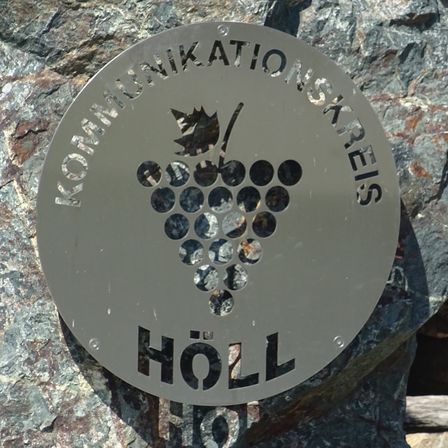 Eine kreisförmige Metallplakette auf einer Felsoberfläche mit einem Weinrebendesign und dem Wort Holl.