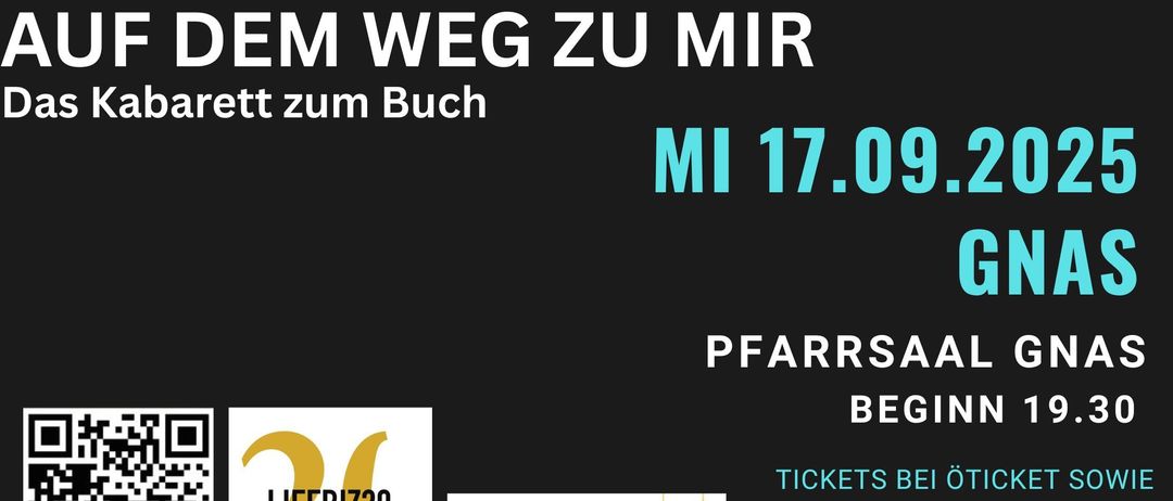 Werbeplakat für ein Buch mit dem Titel 'Auf dem Weg zu mir' von Andreas Schintl. Der Mann trägt ein schwarzes T-Shirt und hält das Buch. Das Plakat hat einen grünen Rand.