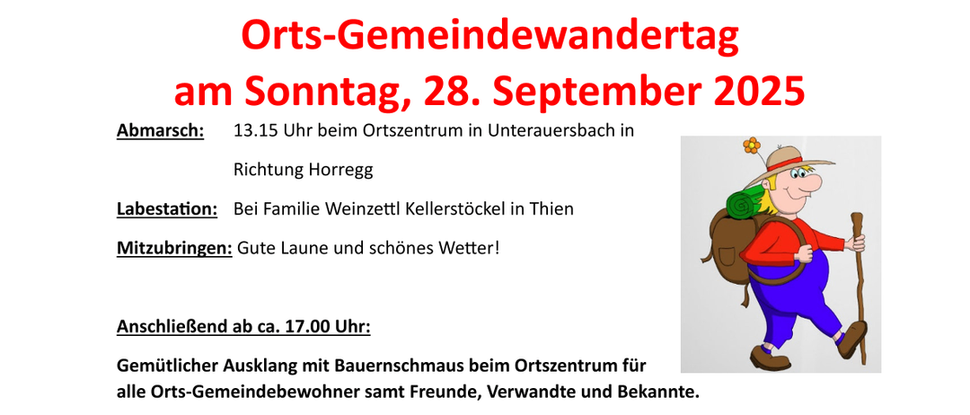 Plakat für einen Gemeindespaziergang am Sonntag, 28. September 2025. Details umfassen Startzeit, Ort und Aktivitäten. Eine Illustration eines Wanderers begleitet den Text.