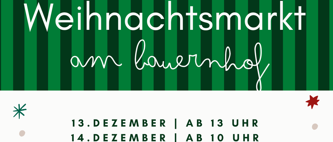 Eine Werbung für einen Weihnachtsmarkt auf einem Bauernhof, mit Kuh, Daten, Öffnungszeiten und Aktivitäten wie Ponyreiten, Glühwein, Weihnachtsaussteller, Waffeln und Kinderbasteln.