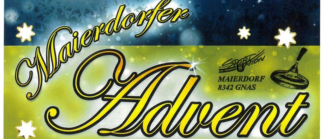 Ein Plakat bewirbt einen Weihnachtsmarkt in Maierdorf mit zwei Figuren, festlicher Dekoration und Erwähnungen von handgefertigten Artikeln, Weihnachtsbaumverkauf und Adventsmusik.