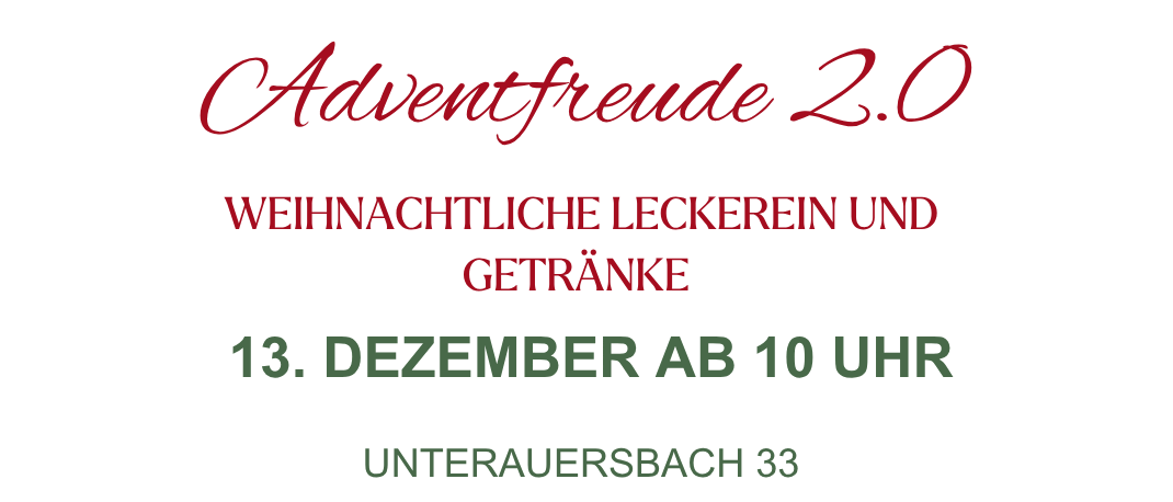 Ein Veranstaltungsposter für Adventfreude 2.0 mit einer Verlosung eines Samsung UHD-Fernsehers und einem festlichen Thema. Die Veranstaltung findet am 13. Dezember um 10 Uhr statt.