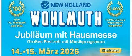 Jubiläumsfeier mit Hausmesse. Großes Fest mit Musikprogramm. Eintritt frei. Termine: 14.-15. März 2026 in Obergnas. Höhepunkte sind das New Holland Traktorenprogramm, Jubiläumslieder, Landtechnikaussstellung, Gartengeräte, Gewinnspiel und Kulinarik. DJs am Samstag und Sonntag.