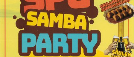 Plakat für die SPG Samba Party in Mall Goes Poppendorf. Zeigt Grillmeister und Hände, die Bier einschenken. Die Veranstaltung beginnt um 19 Uhr.