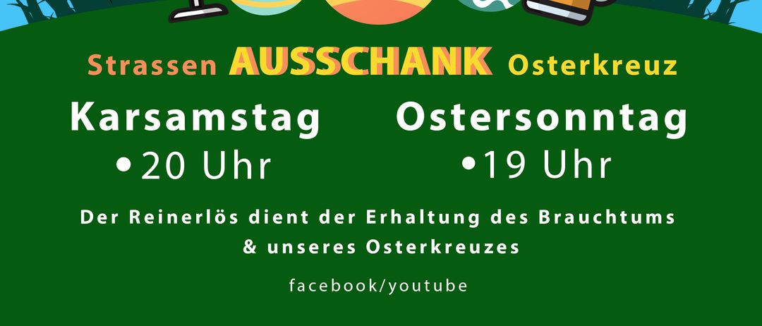 Plakat für Oster Maiedorf Kreuz. Es zeigt Ostereier, eine Tasse und ein Weinglas. Zeiten sind 20:00 Uhr am Karfreitag und 19:00 Uhr am Ostersonntag.