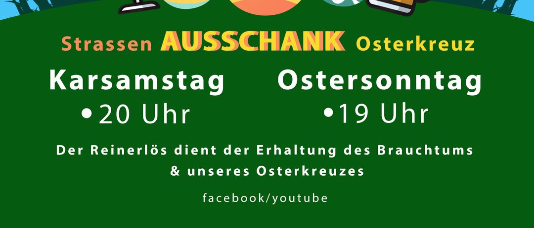Eine Werbung für Oster Maiendorf Kreuz zeigt bunte Eier, ein Weinglas und einen Krug. Es enthält Zeiten für Ostersonntag und Ostermontag.