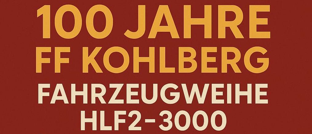 Illustration eines Mannes, der eine Glocke und einen Eimer vor einem roten Feuerwehrauto hält. Es steht 'Fahrzeugweihe HLF2-3000' auf Deutsch.
