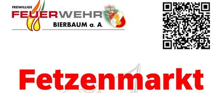 Plakat für den Fettmarkt der FF Bierbaum. Geöffnet Freitag, 27. März ab 14 Uhr und Samstag, 28. März ab 8 Uhr in der Kulturhalle Bierbaum. QR-Code für weitere Informationen.