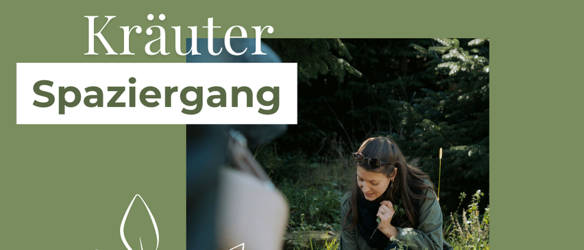 Poster für einen Spaziergang in der Natur am 27.03.2026. Eine Frau kniet und pflückt etwas vom Boden. Die Veranstaltung läuft von 15:30 bis 17:00 Uhr.