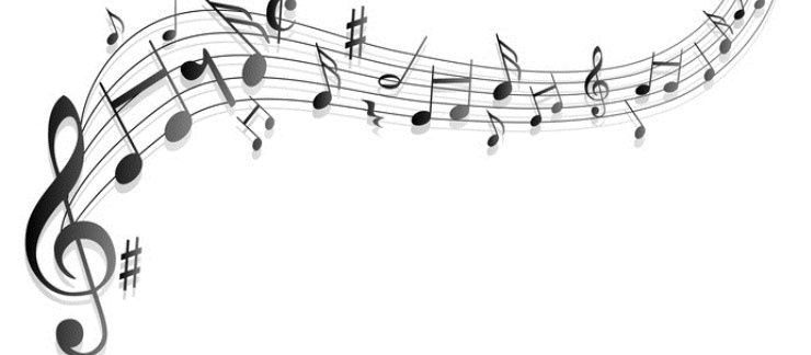 Eine schwarz-weiße Illustration von Musiknoten auf weißem Hintergrund, die in einem wellenförmigen Muster fließen.