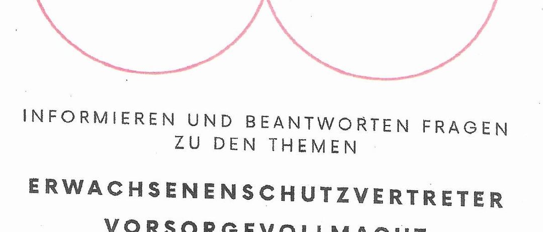 Ein Flyer mit zwei Kreisen, die Notar Mag. Maximilian Schönhofer und Rechtsanwalt Mag. Roland Maier präsentieren. Darunter steht 'Informieren und Beantworten Fragen zu den Themen.' Es wird 'Erwachsenenschutzvertreter Vorsorgevollmacht' erwähnt und der Termin des Events am 15.04.2026 um 16 Uhr in Pfarrerstadt.