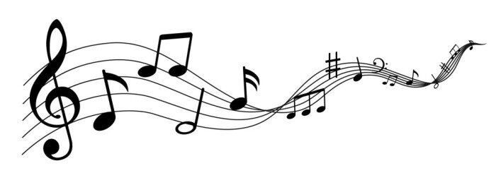 Eine Schwarz-Weiß-Illustration von Musiknoten, die in einer wellenförmigen Linie auf weißem Hintergrund fließen.