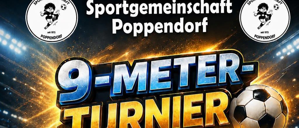 Werbeposter für ein Fußballturnier. Mindestens 5 Spieler pro Team, 4 Schützen und 1 Torwart. Keine Altersbeschränkung. Mit Gummiball gespielt. Fußballschuhe für Damen und Kinder erlaubt. 4. Juli. Aufwärmen 13:30-14:00 Uhr. Beginn 14:00 Uhr. Eintrittsgebühr 50€. Kontakt: Andreas.