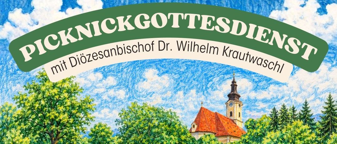Ein Blumenfeld mit einem Korb voller Kirchenutensilien. Der Korb enthält einen Kelch, ein Kreuz und ein Buch. Im Hintergrund ist eine Kirche und ein Baum zu sehen. Der Text lautet 'So, 21. Juni 2026, 09:30 Uhr, Erhart-Wiese, Gnas 146.'