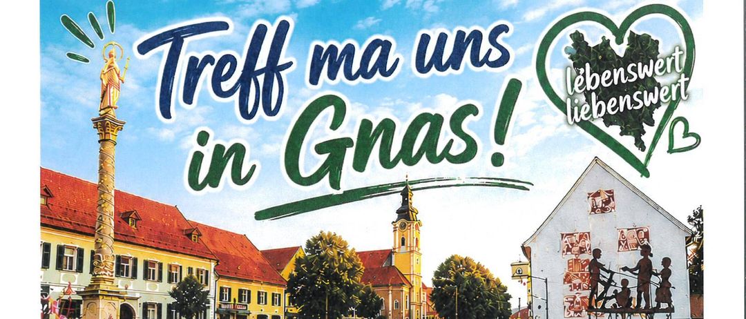 Veranstaltungsposter für Gnas, Österreich. Veranstaltungen umfassen: Dämmerschoppen, Countryfest, Grillabend, Beachvolleyball Turner, Heimatgenuss, Open Air Summer Special, Erlebensabend, Eröffnung Jugendzentrum, Klangwolke und Erlebnisnachmittag. Daten und Zeiten sind aufgeführt.