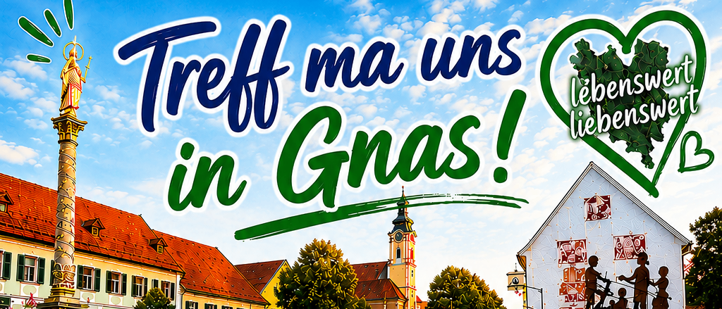 Plakat mit Sommerveranstaltungen in Gnas. Veranstaltungen umfassen "Dämmerschoppen," "Grillabend," "Hoaamtgness," "Erlebnisabend," "Sommerkino" und "Erlebnisnacht." Datum und Uhrzeit sind aufgeführt.