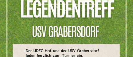 Einladung zum Fußballspiel von UDC Hof und USV Grabersdorf. Das Ereignis findet am 4. Juli um 14 Uhr statt. Essen und Getränke sind vorhanden.