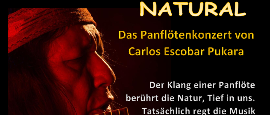 Eine Person spielt Panflöten auf der Bühne. Carlos Escobar Pukará führt zu einer Rückkehr zu natürlichen Wurzeln. Datum: 14. Nov. 2026, 18:00. Ort: Pfarrheim GNA-Großer Saal.