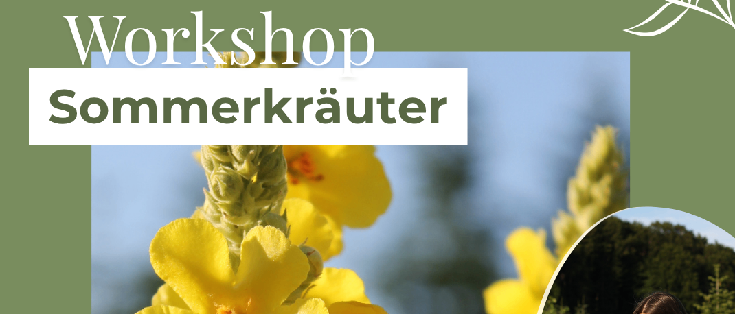 Workshop über Sommerkräuter mit einer Frau, die Blumen hält. Datum: 18.07.2026, Zeit: 9-11:30. Ort: Lichtenberg 81, 8342 Gnas.