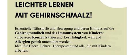 Veranstaltungsplakat für 'Leichter lernen mit Gehirnsmalz!' Behandelt essentielle Nährstoffe und Bewegung, die die Gehirngesundheit und das Immunsystem von Kindern beeinflussen. Geplant für den 8. Juli 2026 um 19 Uhr in der Pizzeria Napoli Gnas.