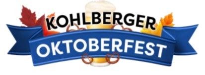 Kohlberger Oktoberfest Logo mit einem blauen Band, Herbstblättern, einem Bierglas und Brezeln.