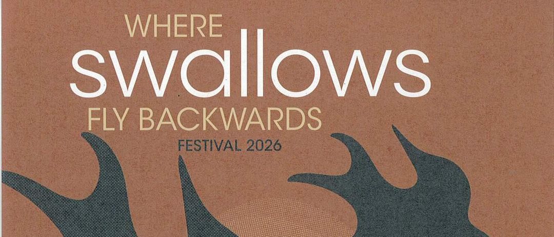 Plakat für das Fly Backwards Festival 2026 mit Vogelsilhouetten und braunem Hintergrund. Die Veranstaltung umfasst Musik von The Long Field, Klaus Lang, Annelies Monseré, Peach Pit und DJ Con-Fused. Das Datum ist der 15. August 2026.
