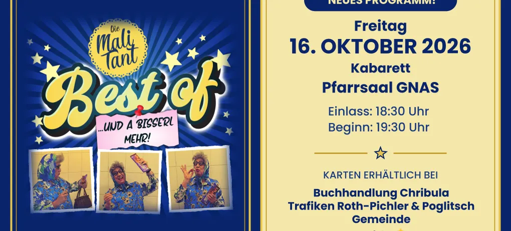 Plakat für die Die Mali Tant Best of Show am 16. Oktober 2020. Es zeigt Bilder einer Frau in Kostümen mit gelbem Rand und Sternen.