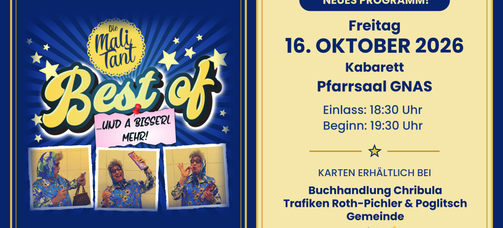 Plakat für die Die Mali Tant Best of Show am 16. Oktober 2020. Es zeigt Bilder einer Frau in Kostümen mit gelbem Rand und Sternen.